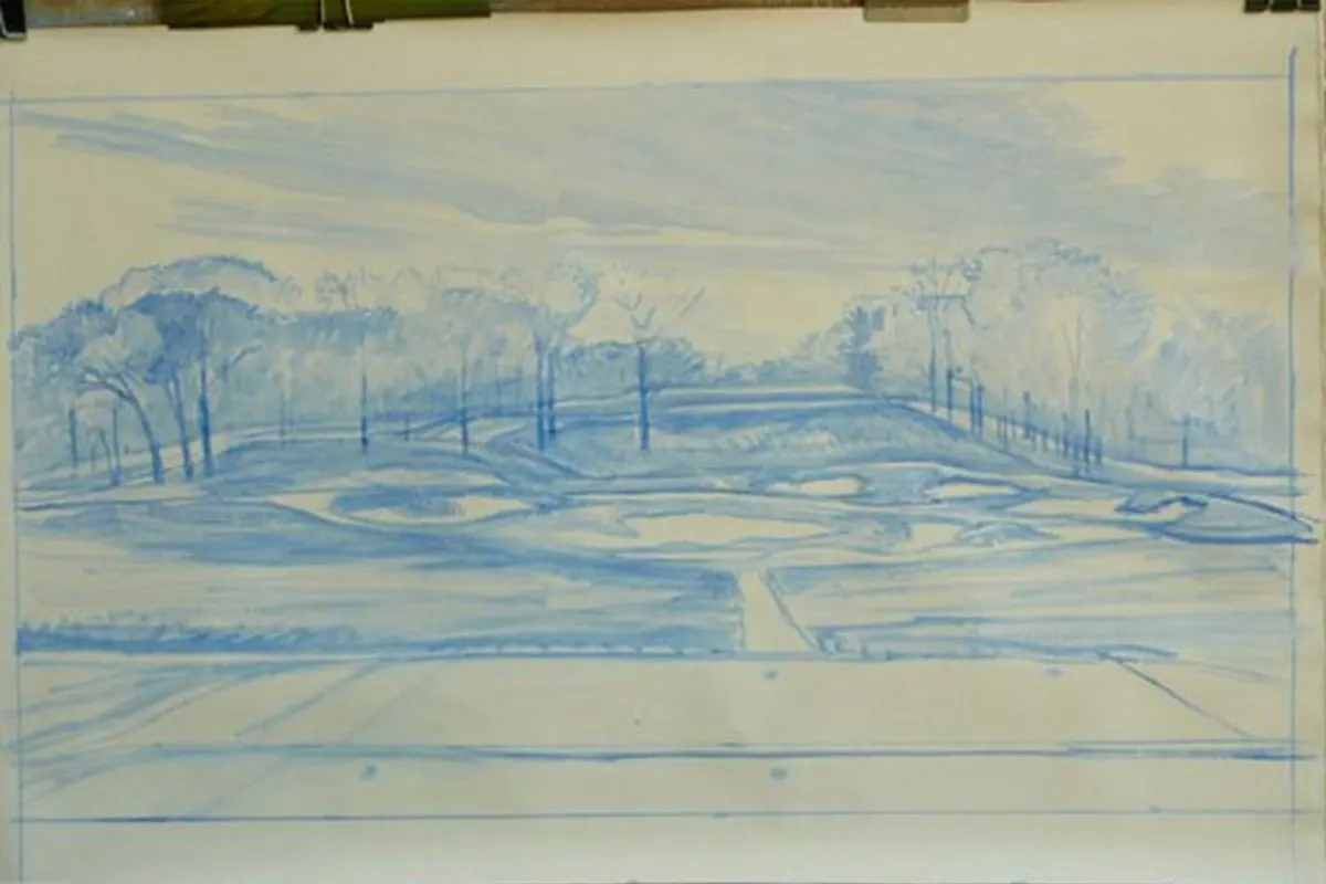 A work-in-progress painting of the 17th hole at Bethpage, 2009 US Open Championship by renowned Hilton Head Island artist Linda Hartough