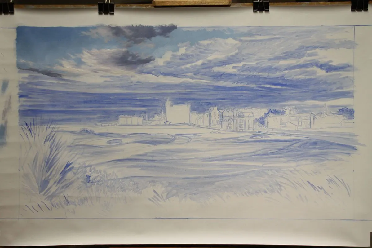A work-in-progress painting of the 17th hole at Road Hole, St Andrews by renowned Hilton Head Island artist Linda Hartough