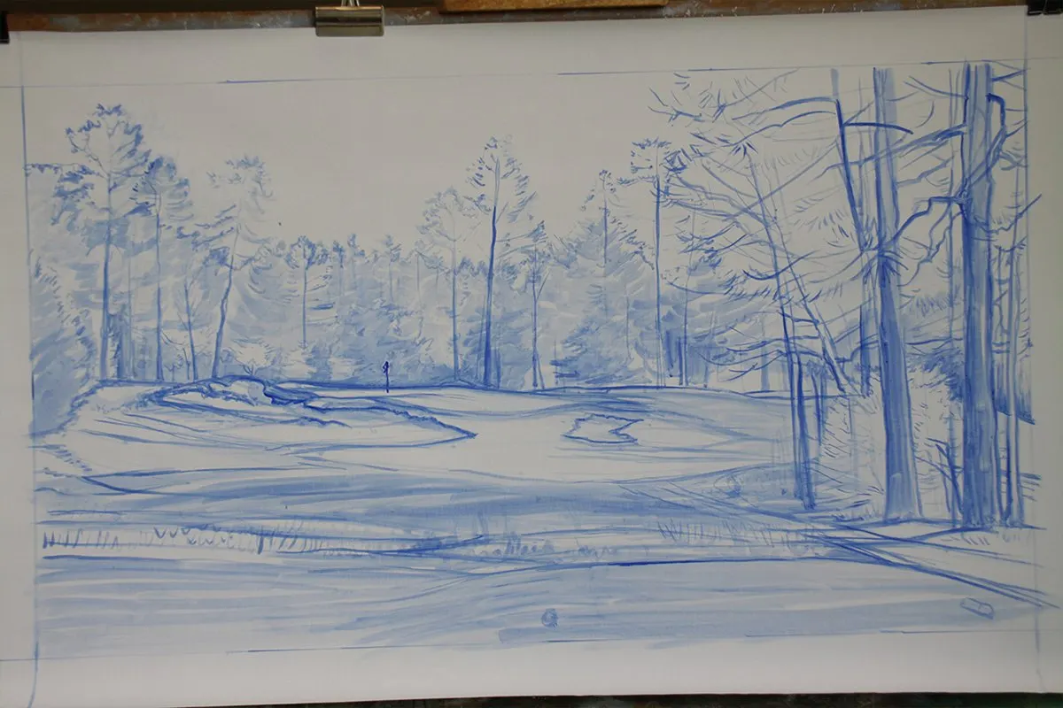A work-in-progress painting of the 5th hole at Pinehurst, 2014 US Open Championship by renowned Hilton Head Island artist Linda Hartough