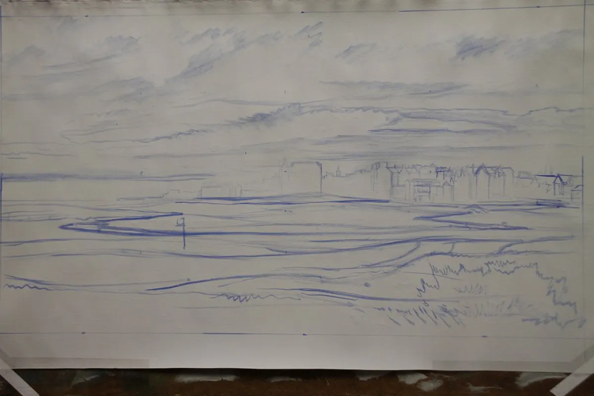 A work-in-progress painting of the 1st hole at St Andrews (Old Course) by renowned Hilton Head Island artist Linda Hartough