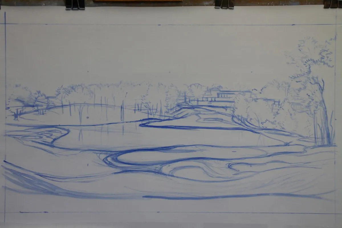 A work-in-progress painting of the 10th hole at Congressional, 2011 US Open Championship by renowned Hilton Head Island artist Linda Hartough