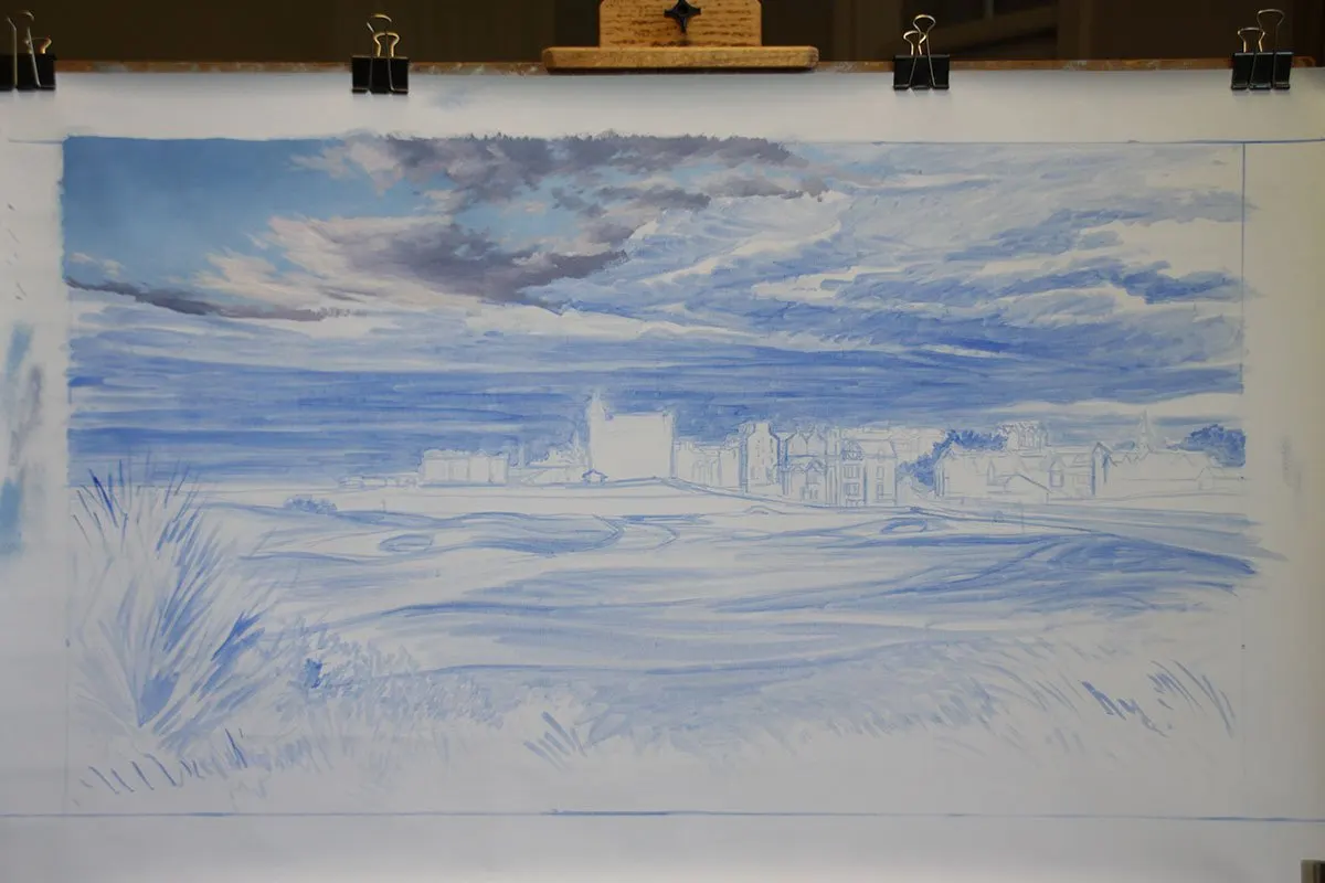 A work-in-progress painting of the 17th hole at Road Hole, St Andrews by renowned Hilton Head Island artist Linda Hartough