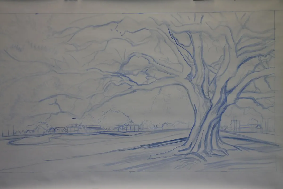 A work-in-progress painting of the 18th hole at Clubhouse, Augusta National by renowned Hilton Head Island artist Linda Hartough