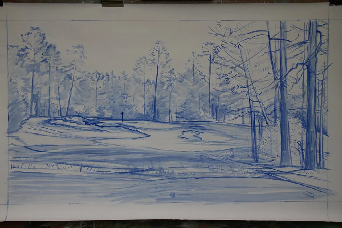 A work-in-progress painting of the 5th hole at Pinehurst, 2014 US Open Championship by renowned Hilton Head Island artist Linda Hartough