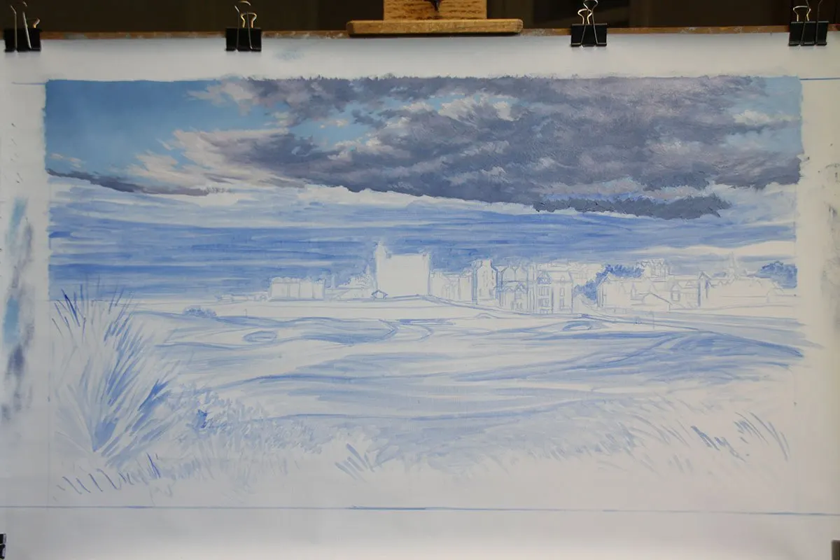 A work-in-progress painting of the 17th hole at Road Hole, St Andrews by renowned Hilton Head Island artist Linda Hartough
