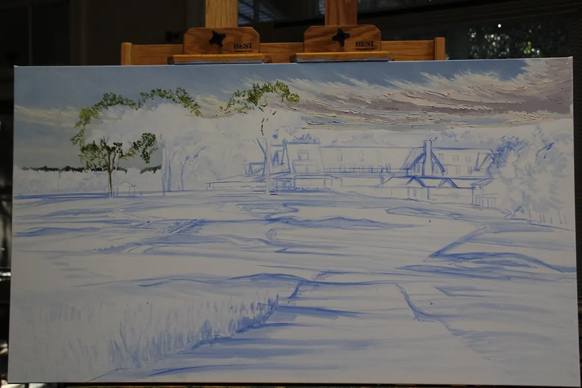 A work-in-progress painting of the 18th hole at Oakmont Country Club by renowned Hilton Head Island artist Linda Hartough
