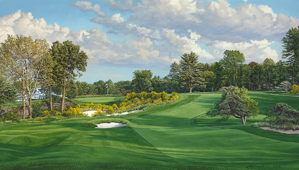 A painting of the 16th hole at Merion, 2013 US Open Championship by renowned Hilton Head Island artist Linda Hartough