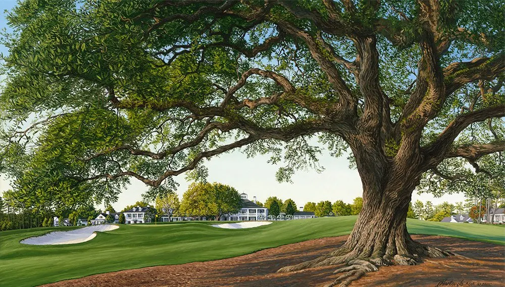A painting of the 18th hole at Clubhouse, Augusta National by renowned Hilton Head Island artist Linda Hartough